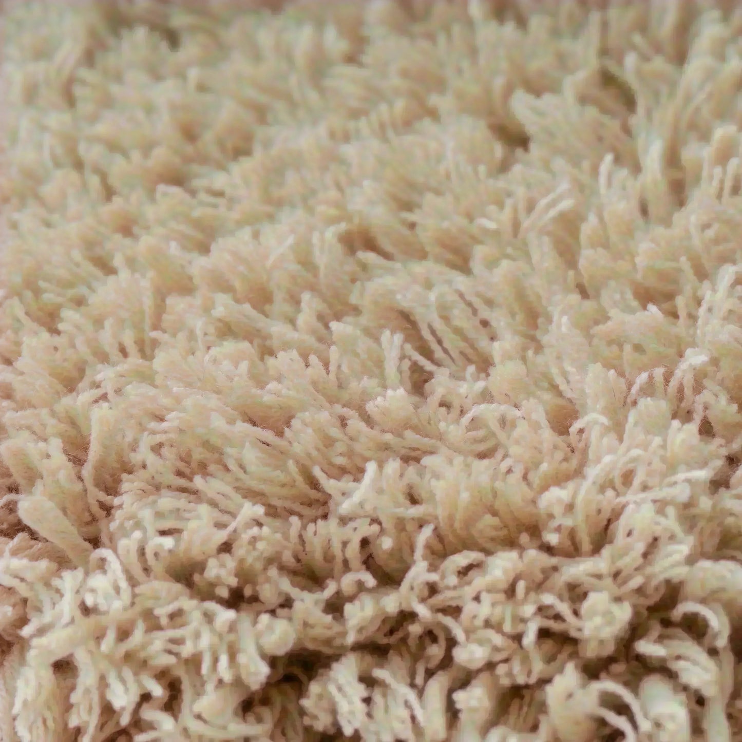 ベージュカラーのタフティングラグのクローズアップショット。柔らかい毛足が密集しており、ボリューム感のある仕上がり。繊維が均一で滑らかな触り心地を表現している