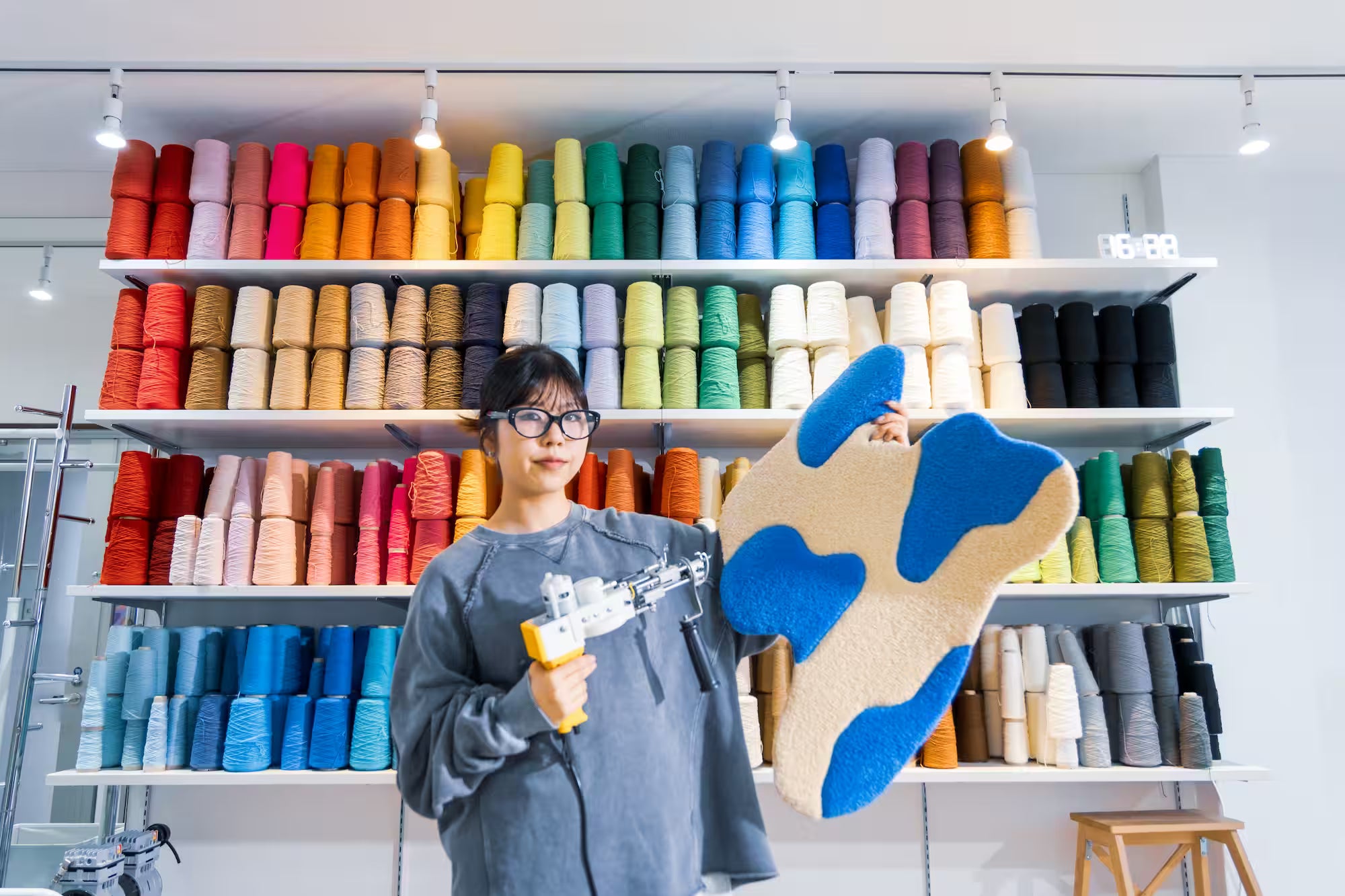 動画を読み込む: タフティングのASMR動画。タフティングガンでラグを1枚製作する過程が心地よい作業音と共に映し出されています。