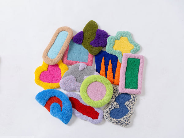 ミニラグコースの完成例。ハート・星・幾何学模様のミニサイズラグ